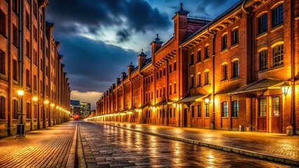 Fototapeta premium Yokohama Red Brick Warehouse Night View, Japan 2011 - Historic Architecture at Dusk
