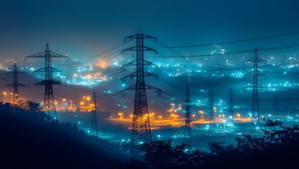 Misty night, power lines, city lights, hills