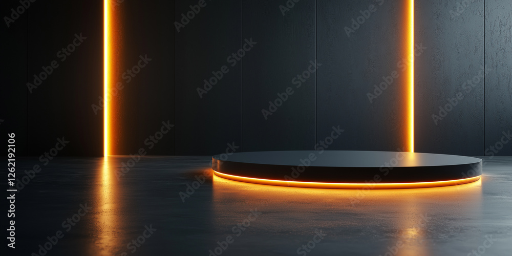 Poster Minimal dark background with glowing orange lines and platform