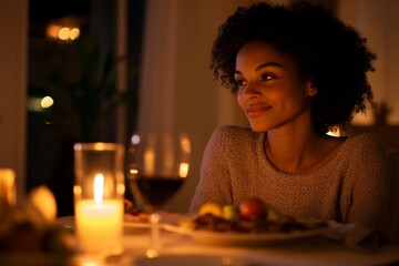 African female young adult enjoying candlelit dinner at cozy restaurant