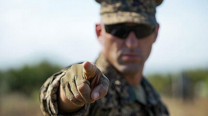 Marine Corps officer in camouflage points forward with determination
