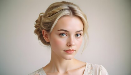 Young Swedish girl with radiant skin and a gentle smile posing in a minimalist environment