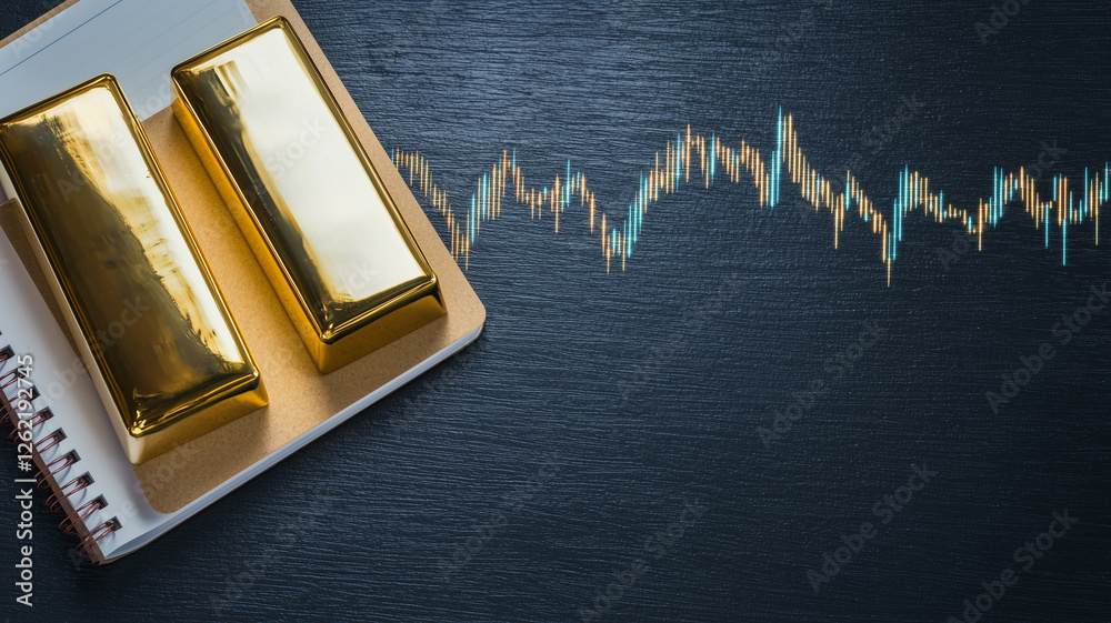 Aufkleber gold bars on notebook with stock market graph in background