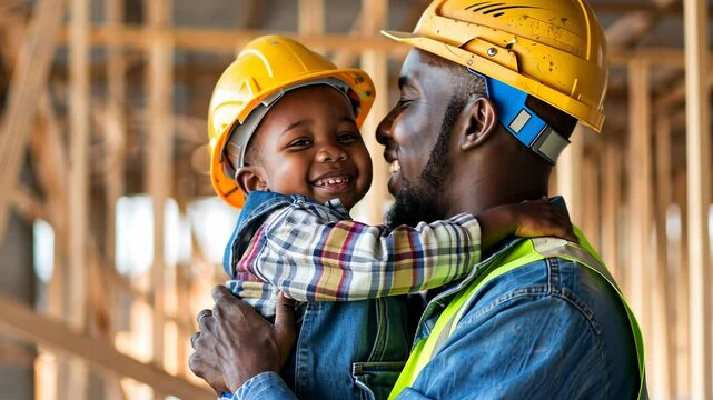 Joyful Construction Worker Embracing Toddler Son in a Building Site with Happy Smiles and Protective Helmets