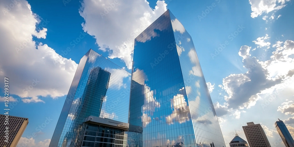 Poster modern skyscraper reflecting clouds and blue sky, creating stunning view