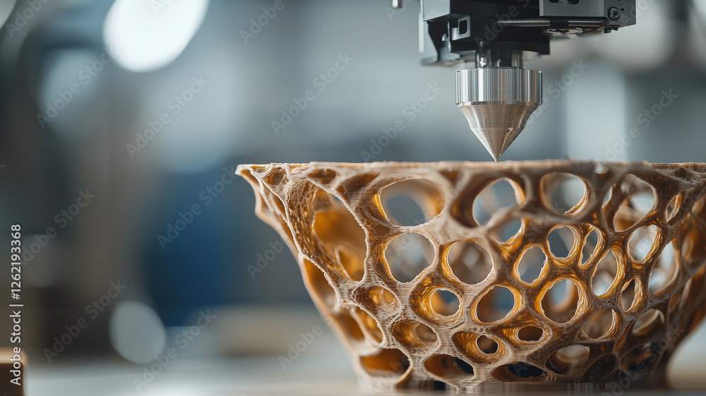 Poster 3D printer creating complex lattice structure with precision