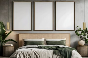 Modern bedroom mockup with three blank canvases