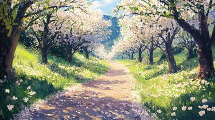 Fototapeta premium A serene spring landscape with a winding path surrounded by blossoming trees and a meadow covered in white petals. A peaceful nature scene. Generative AI.