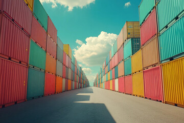 Fototapeta premium Vibrant Rows of Shipping Containers Under a Sunny Sky