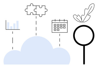 Cloud connected to data chart, puzzle pieces, calendar, and magnifying glass with leaf. Ideal for digital solutions, productivity, cloud computing, data management, planning growth sustainability