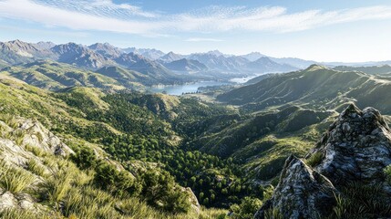 Mountain valley vista, serene alpine lake, lush greenery, bright sunlight