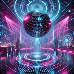  massive disco ball reflecting neon lights above a futuristic dancefloor.