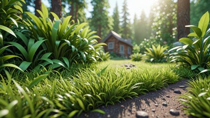 Cozy cabin surrounded by lush greenery and sunlit forest pathway