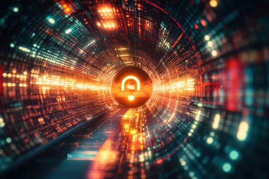 Secure digital environment with padlock symbol and data flow visualization, Security padlock icon and data processing against glowing tunnel
