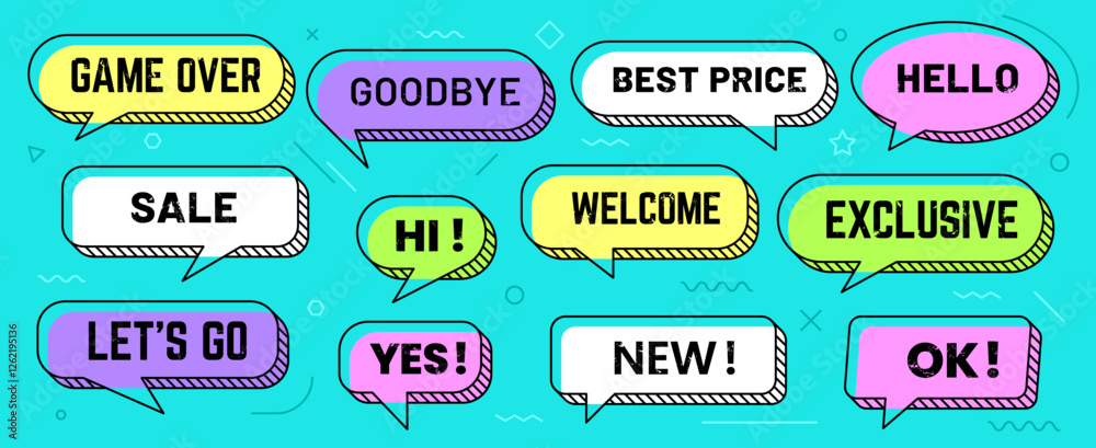 Leinwandbilder memphis speech bubbles isolated vector set. colorful dialog and chat clouds of oval or square shapes