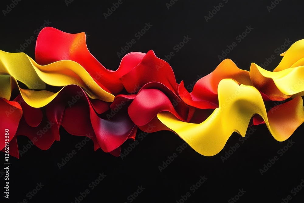 Poster red and yellow shapes gracefully move across a striking black background in captivating dance, red a