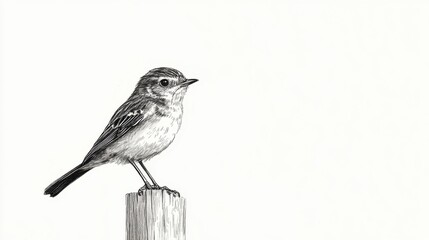 Fototapeta premium Intricate Sketch of a Small Bird Perched on a Wooden Post
