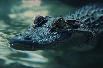 Obraz premium Closeup view of an alligator gliding slowly through the water in a natural habitat, A close-up view of an alligator gliding slowly through the water