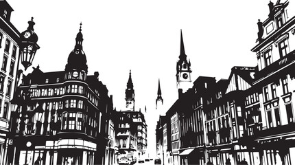 Naklejka premium Gothic City landscape. Different buildings on street, outline cityscape hand sketch, flat houses. Hand drawn vector illustration