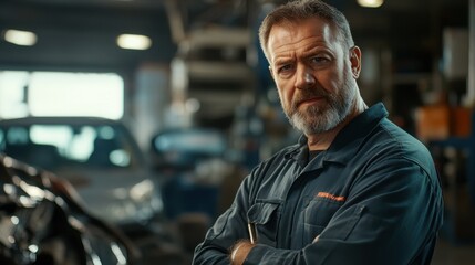 Obraz premium A seasoned male mechanic poses confidently in a busy garage, showcasing his expertise and dedication to the automotive service industry.