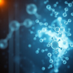 A 3D rendering of transparent blue molecular structures or cells against a dark blue background, with a focused cluster on the right and a blurred, receding background on the left.