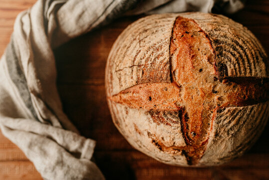 A closeup of a homemade sourdought artisan bread