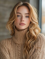 Serene portrait of a woman in a cozy sweater indoor setting lifestyle photography soft natural light