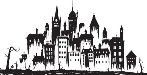 Fototapeta premium Gothic City landscape. Different buildings on street, outline cityscape hand sketch, flat houses. Hand drawn vector illustration