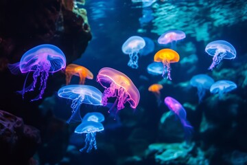 Fototapeta premium A hidden cavern where glowing fish and jellyfish form a mesmerizing underwater light show