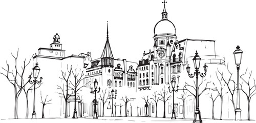 Obraz premium Gothic City landscape. Different buildings on street, outline cityscape hand sketch, flat houses. Hand drawn vector illustration