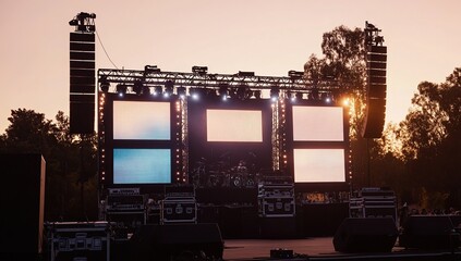 Outdoor Concert Stage Setup:  Giant Screens, Powerful Speakers, and Lighting for an Amazing Show at Sunset.