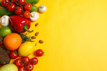 Clean healthy eating habits concept. Fruits, herbs, greens and vegetables mix, colorful juicy organic detox smoothie juice ingredients, color background. Vegan vegetarian diet food
