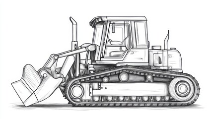 Naklejka premium Detailed Sketch of a Bulldozer in Side View for Technical Illustration