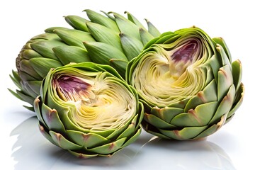 Obraz premium Fresh Artichokes Whole and Halved on a White Background