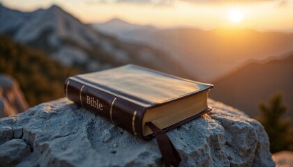 leather-bound Bible on rocky surface at sunset, spiritual, serene landscape background