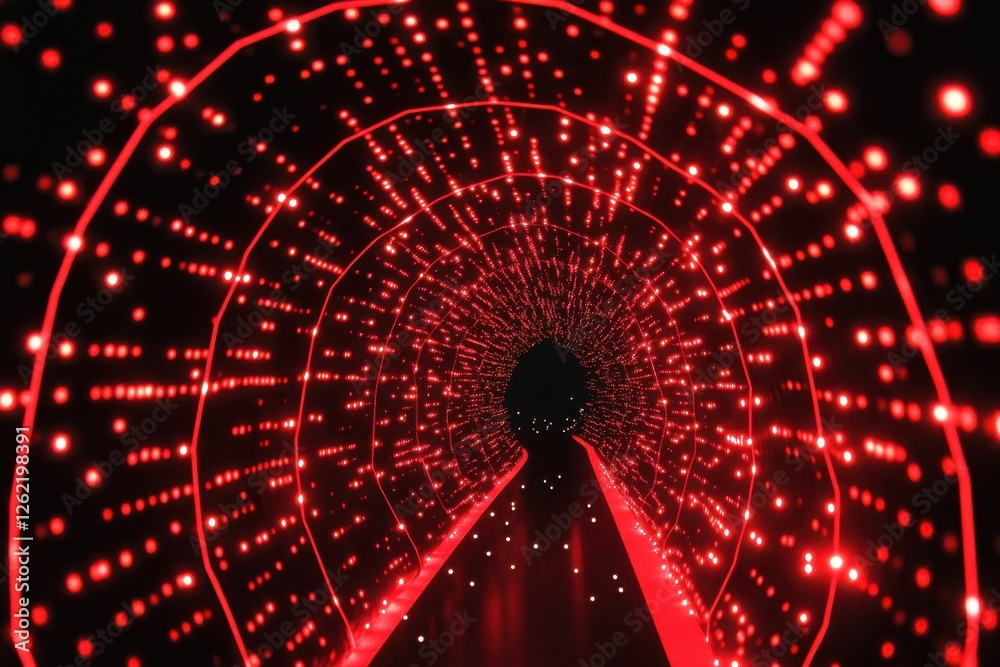 Aufkleber exploring a digital tunnel of red neon shapes set against a black background in an abstract design, 