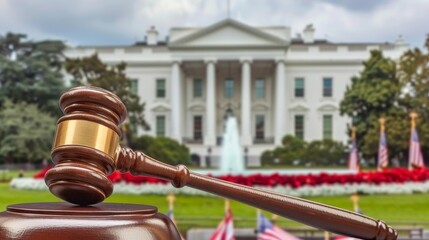 Gavel beside bitcoin coins with the white house in background symbolizes legal and financial themes