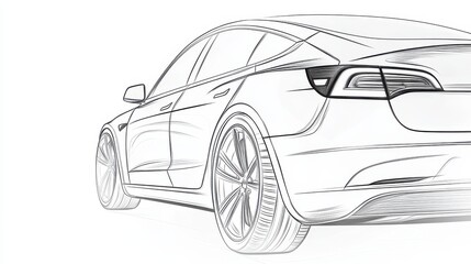 Detailed Car Sketch in Monochrome Outline with Elegant Design Features