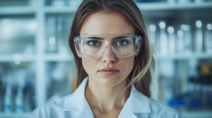 Fototapeta premium A young European female scientist wearing protective glasses and a lab coat, standing confidently in a laboratory, ready to engage in groundbreaking research.