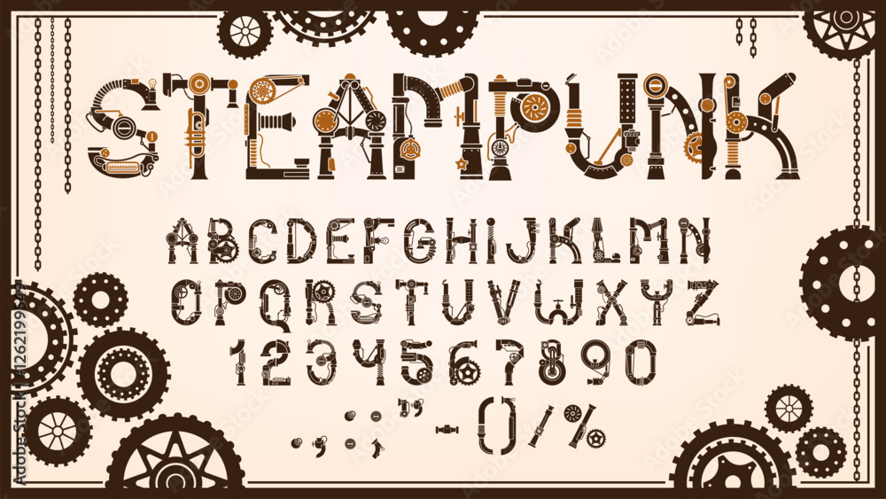 Aufkleber Steampunk gear font or mechanic type and machine English alphabet, vector typeface. Steampunk ABC letters of retro type or typeface with steam machine mechanic gears, cogwheels and chains typography