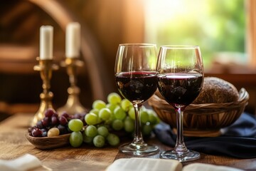 Naklejka premium Sacred moment with wine and bread for Christian church sacrament at a quiet table setting, Christian church, sacrament and wine, symbol of Holy Communion