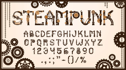 Steampunk gear font or mechanic type and machine English alphabet, vector typeface. Steampunk ABC letters of retro type or typeface with steam machine mechanic gears, cogwheels and chains typography