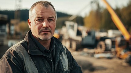 Obraz premium A middle-aged European man dressed in a work uniform stands confidently at a construction site. His serious expression reflects dedication and hard work in a rugged environment.