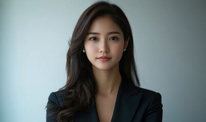 Fototapeta premium Young Asian businesswoman in formal wear portrait of confident businesswoman in office professional business attire, emphasizing confidence and, Generative AI