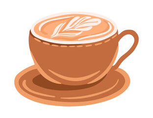 Latte with foam and decorative art. Hot Coffee mug. Vector.