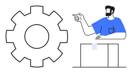 Business figure pointing towards a large gear, symbolizing efficiency, teamwork, and productivity. Ideal for themes thumbs up organizational success, leadership, innovation, business strategy
