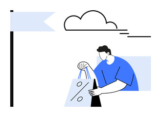 Man with blue shirt holding shopping bag adorned with a sale percentage sign. Nearby flag and cloud suggest a sense of direction and clear skies. Ideal for e-commerce, retail promotions, sales