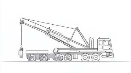 Detailed Line Drawing of a Crane Truck with Extended Boom for Lifting