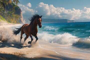A breathtaking view of a horse galloping along a beach as waves crash into the shore, embodying that thrilling moment between land and sea in perfect harmony.