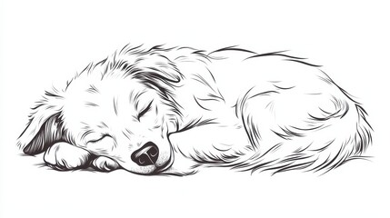 Fototapeta premium Cute Sleeping Puppy Sketch in Black and White Line Art Style